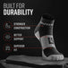 MudGear Quarter Crew socks in black and gray shown on stone with durability features highlighted