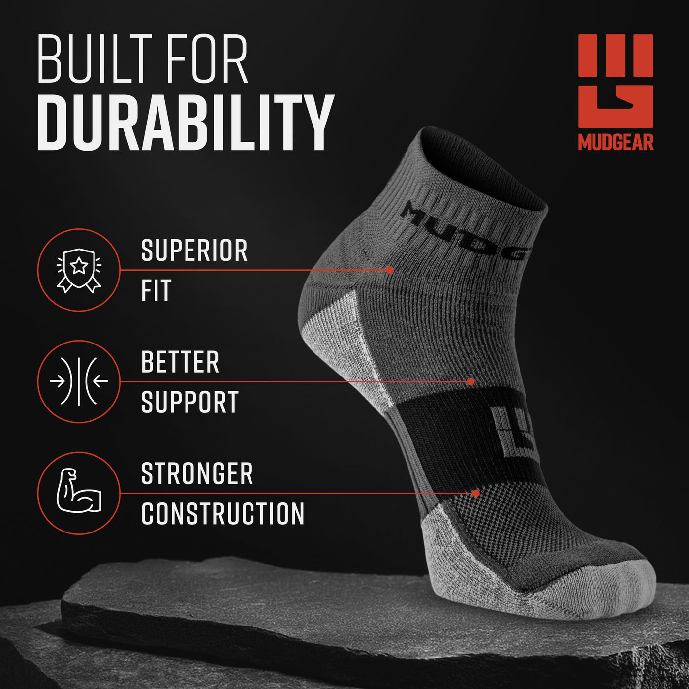 MudGear Quarter (¼) Crew Socks - Gray/Black (2 pair pack)