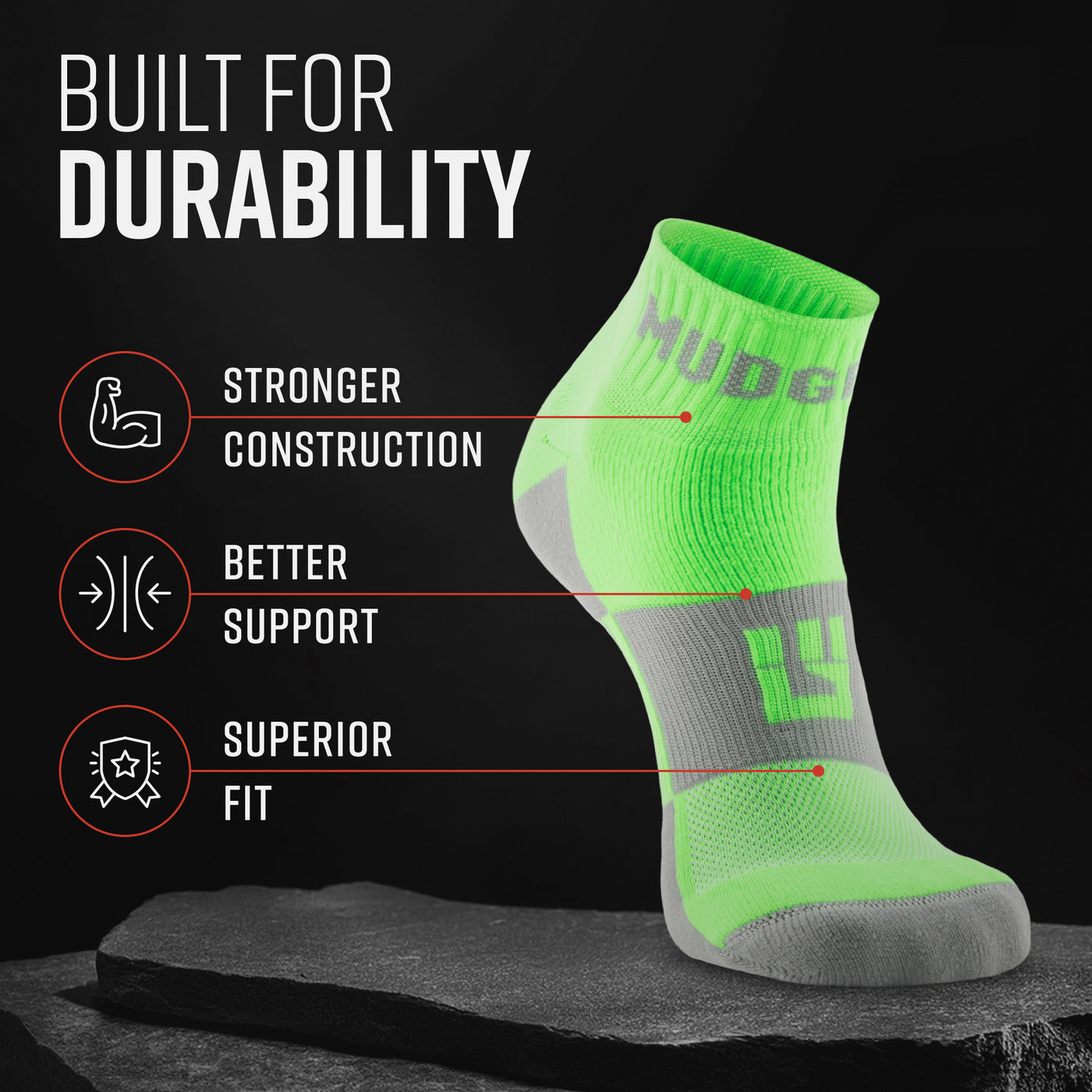 MudGear Quarter (¼) Crew Socks - Neon Green (2 pair pack)