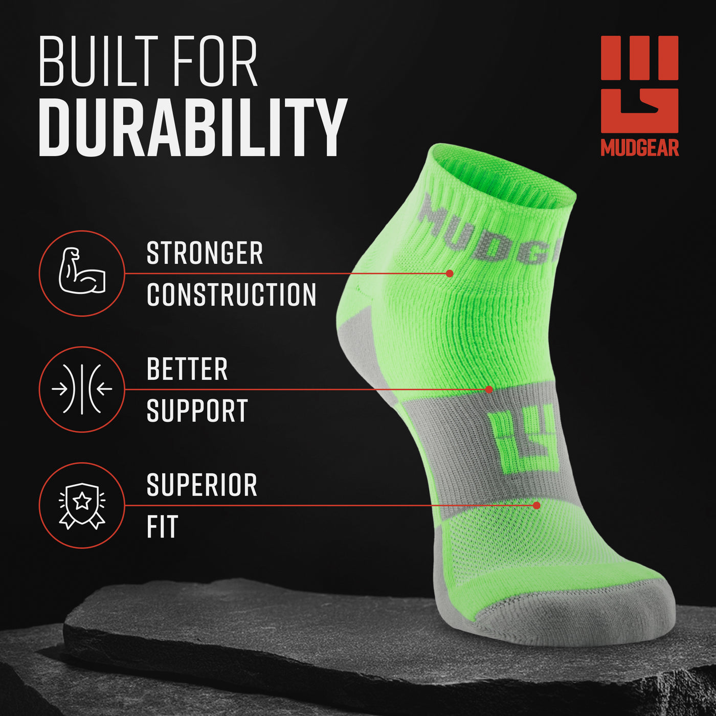 MudGear Quarter (¼) Crew Socks - Neon Green (2 pair pack)