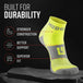 Neon yellow MudGear quarter crew socks with gray heel and toe, displayed on dark stone