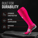 Pink and gray tall compression socks displayed on black stone with durability features
