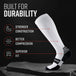 White tall compression sock with black foot and calf band on gray stone surface