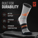 Light gray crew height sock with black cuff and orange MudGear branding displayed on dark surface