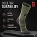 Army green MudGear Ruck Sock with gray heel and toe cushioning, displayed upright on dark stone
