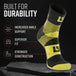 Black and yellow MudGear Hybrid Training Sock displayed on concrete with durability features labeled