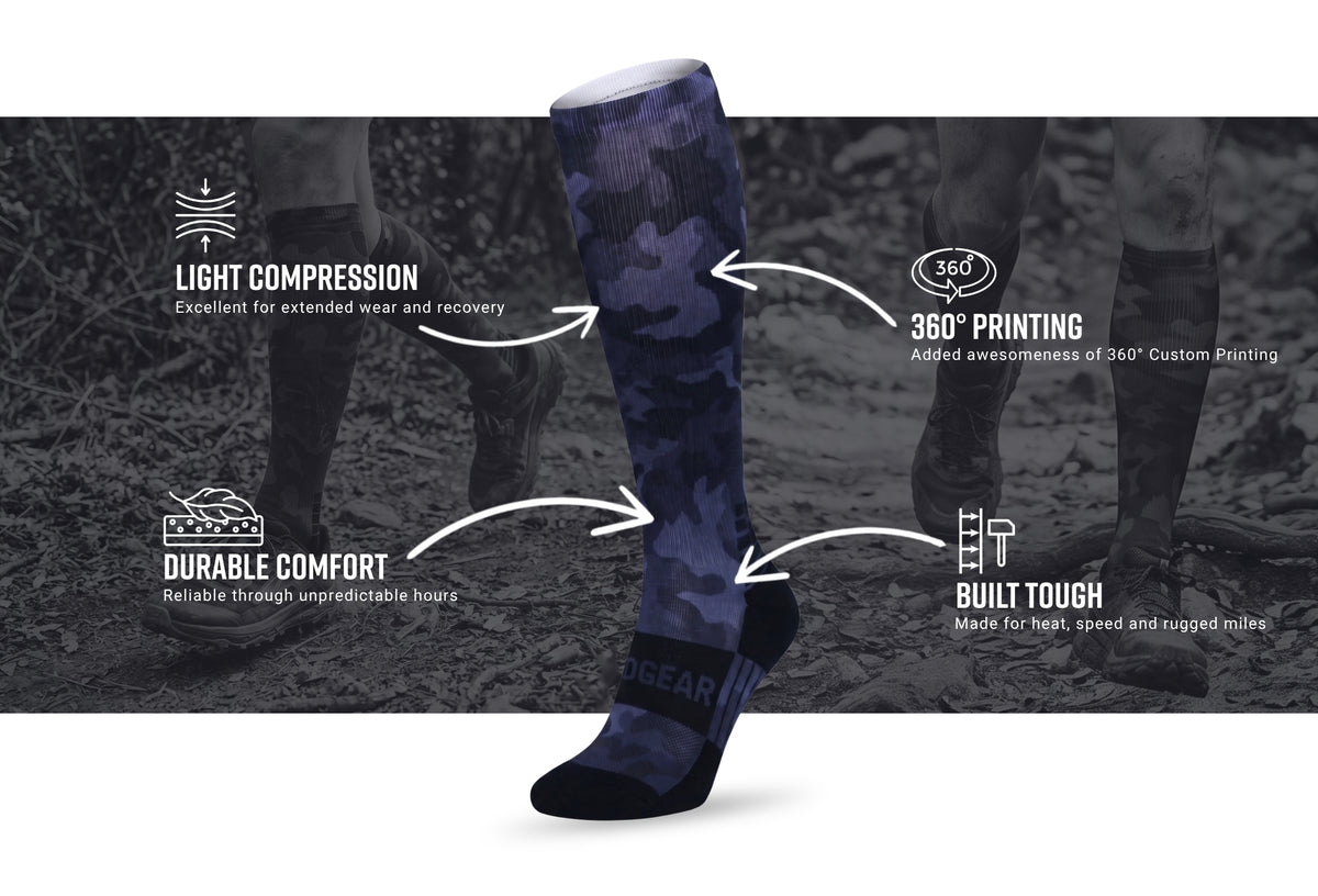 Infographic of MudGear Custom Black/Gray Camo Tall Compression Socks (1 pair)
