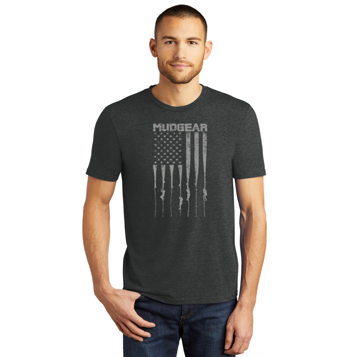 CLEARANCE ITEM - DTF MudGear Tri-blend Logo Tee - USA Flag / Rope Climb (Heather Black - XL)