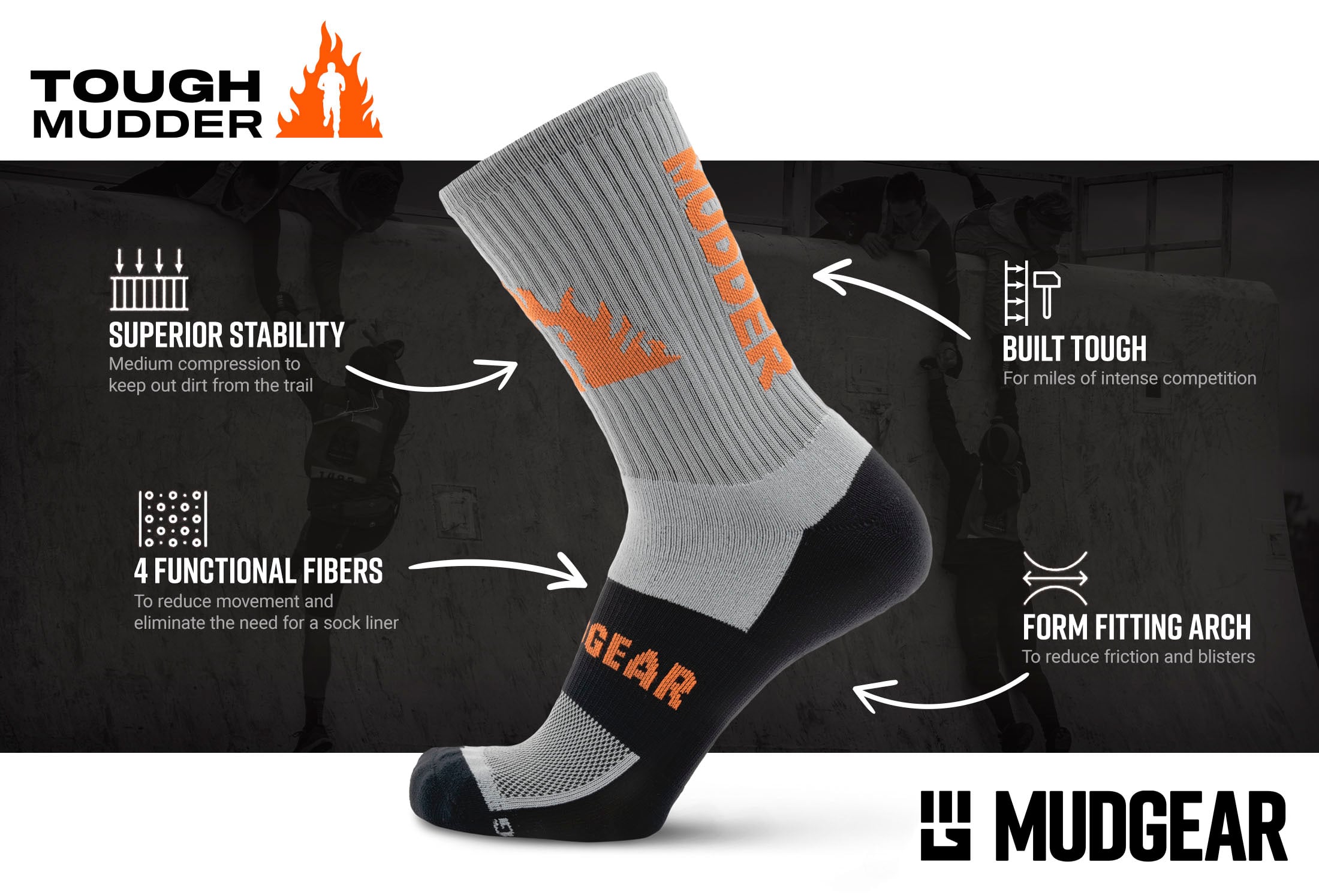 MudGear Tough Mudder Crew Height Socks Infographics compressed — product features infographic