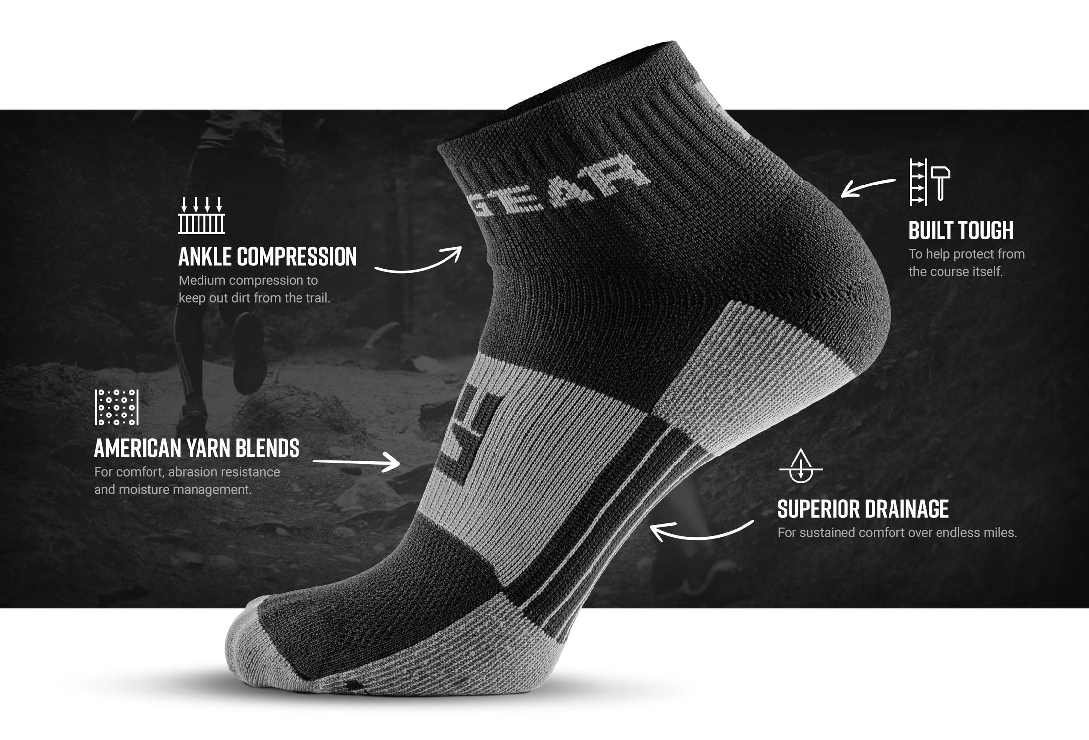 mudgear trail sock grey technical infography — product features infographic