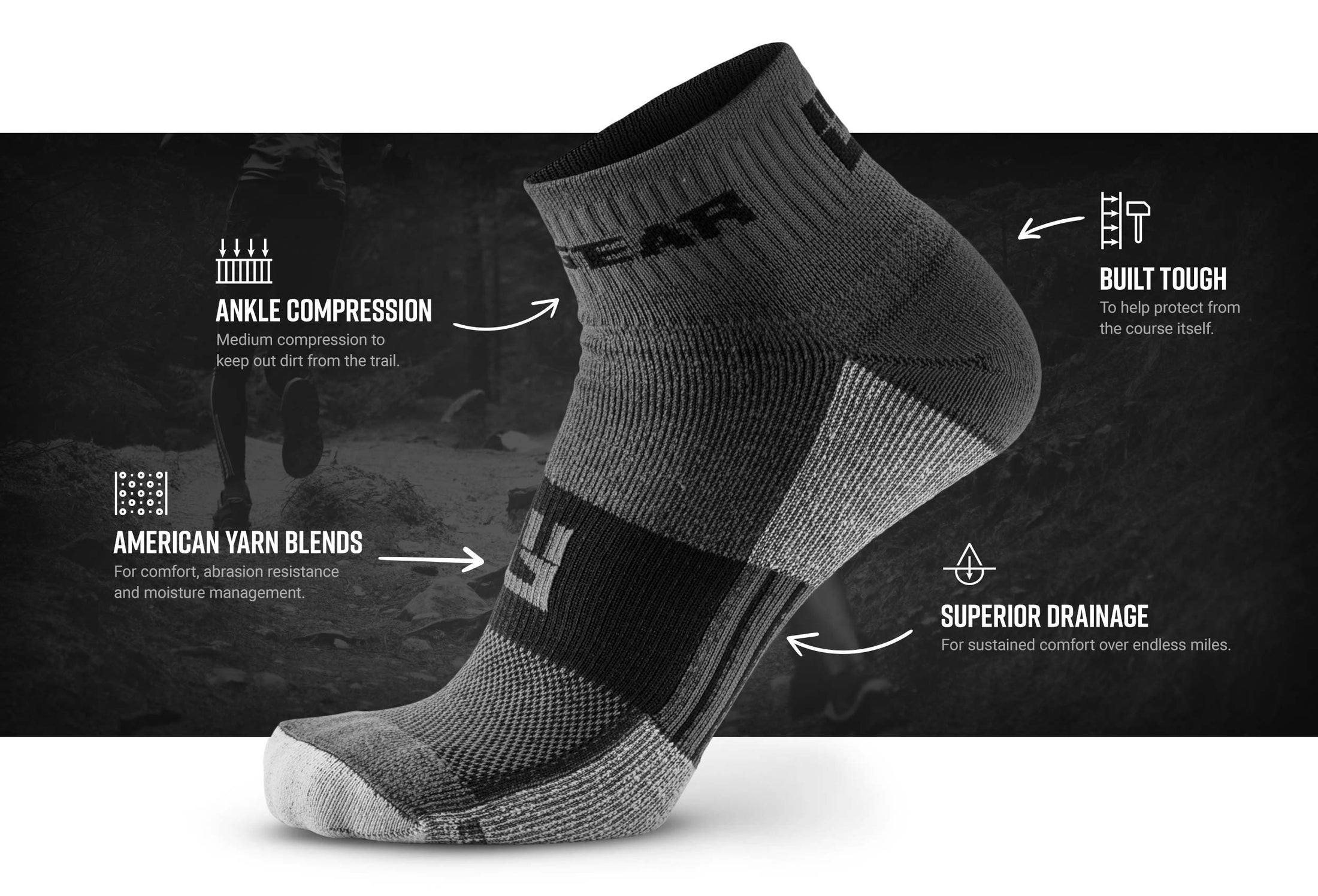 mudgear trail socks 1 4 crew gray black tech box — product features infographic