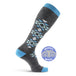 Mesa Horizon tall compression socks in gray and blue with geometric pattern and merino wool tag