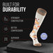 Mesa Horizon tall compression sock in white with tan calf and orange geometric pattern