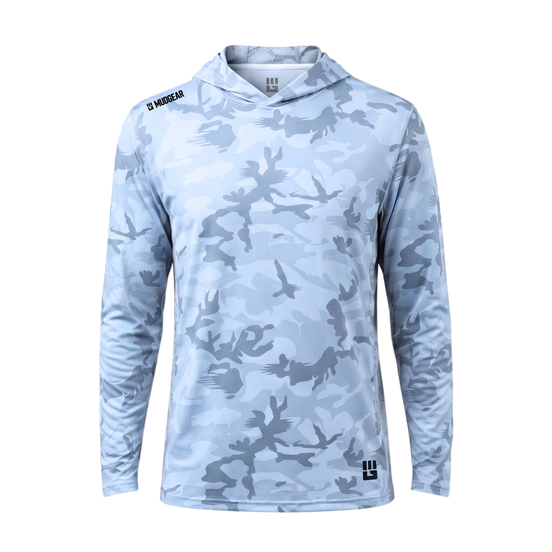 MudGear Sun Hoodie in light gray camo with long sleeves and hood