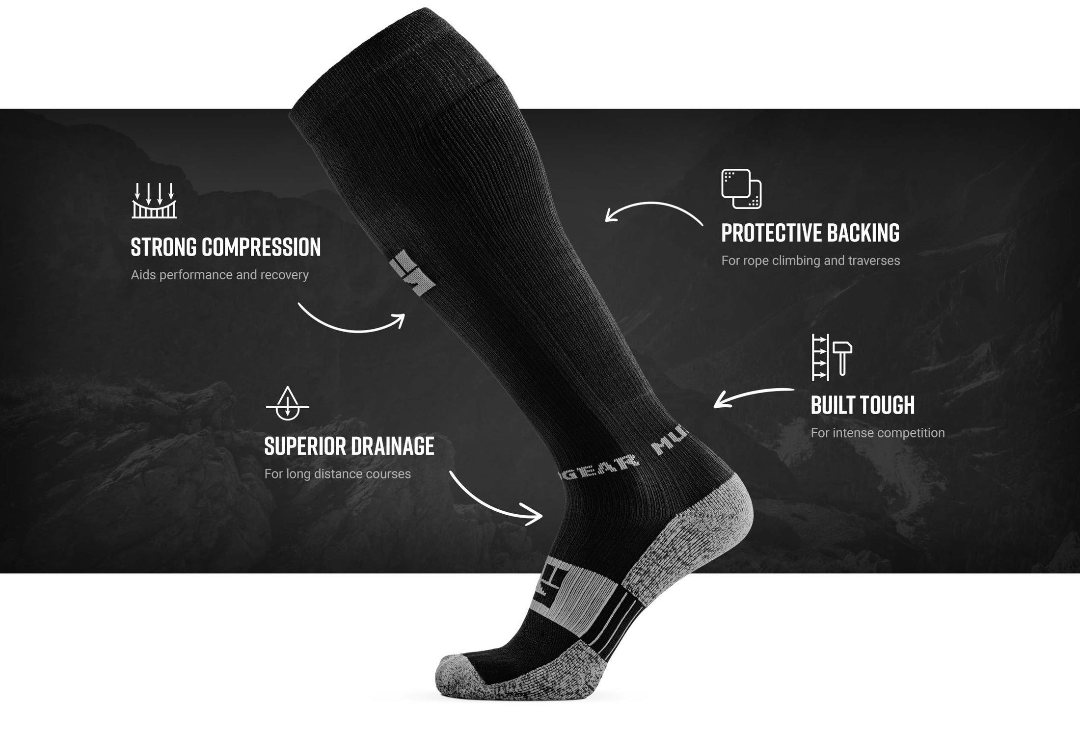 MudGear tech mudgear compression obstacle race sock gray — product features infographic