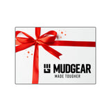 MudGear gift card with red ribbon bow and sparkles on white background